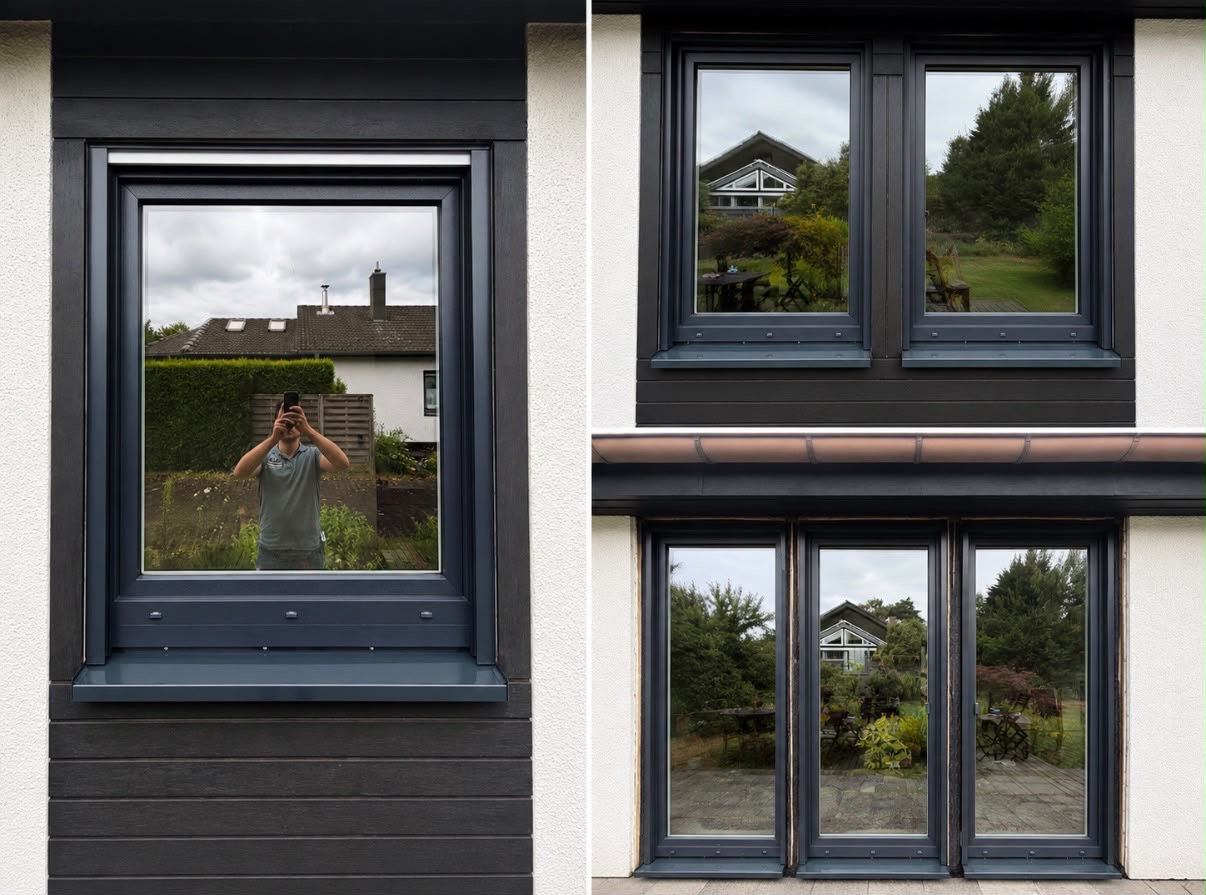 Anthrazit-Fenster an Holzfassade, Leverkusen
