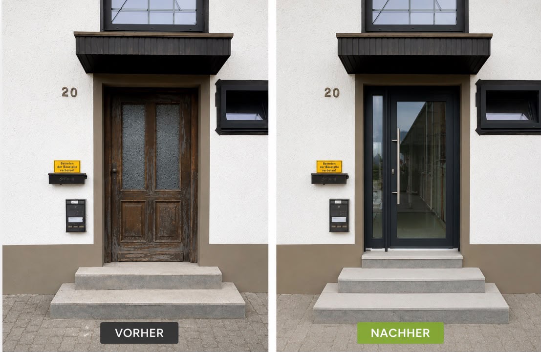 Vorher-Nachher-Vergleich: alte Holztür wird durch moderne Aluminium-Haustür in Anthrazit ersetzt
