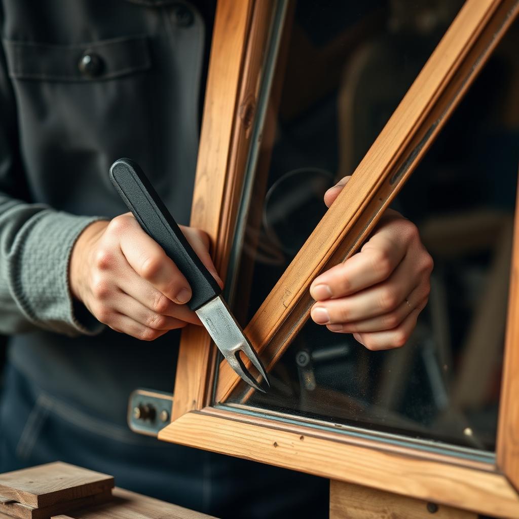 Handwerker restauriert einen alten Fensterrahmen aus Holz