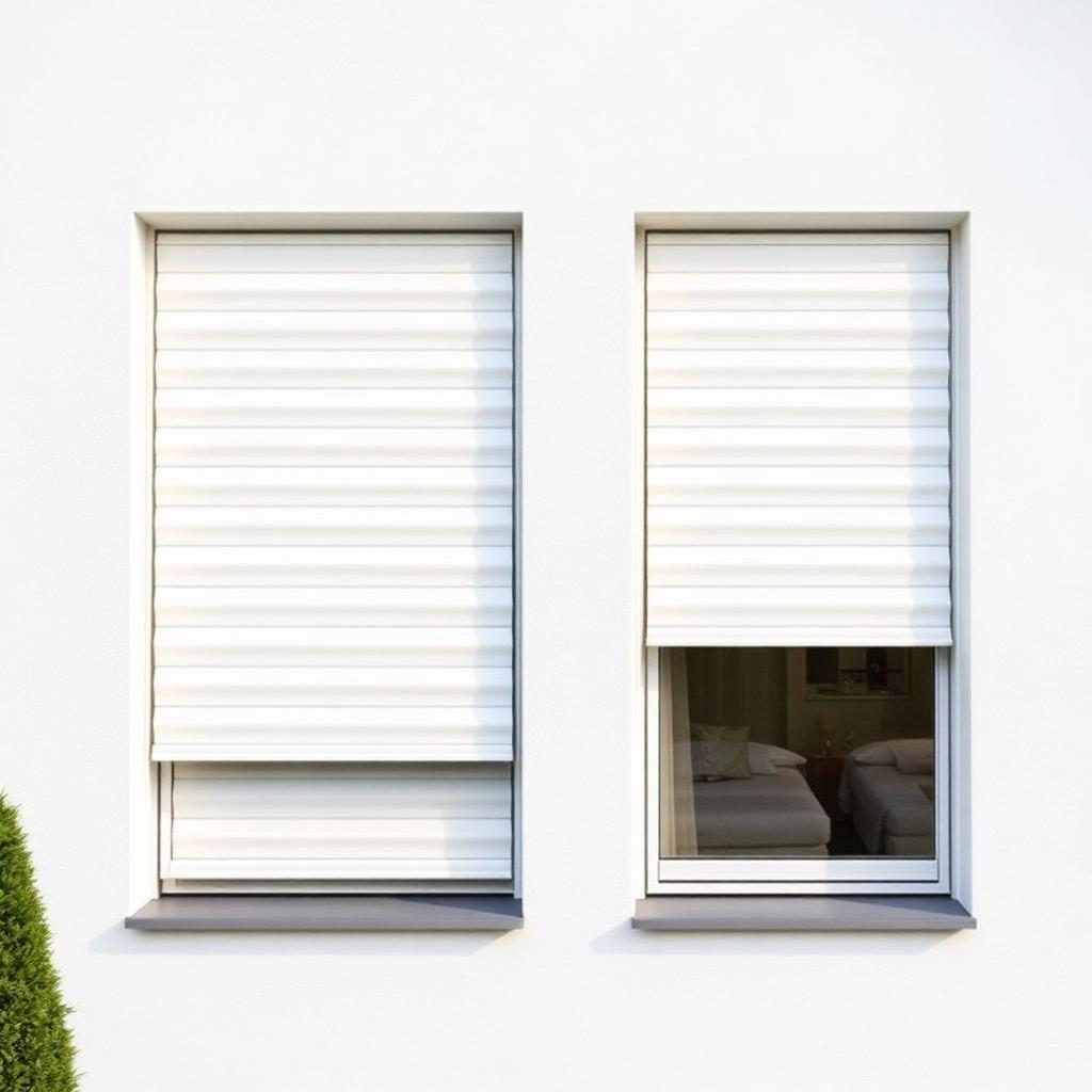 Weiße Rollläden an zwei Fenstern einer modernen Fassade